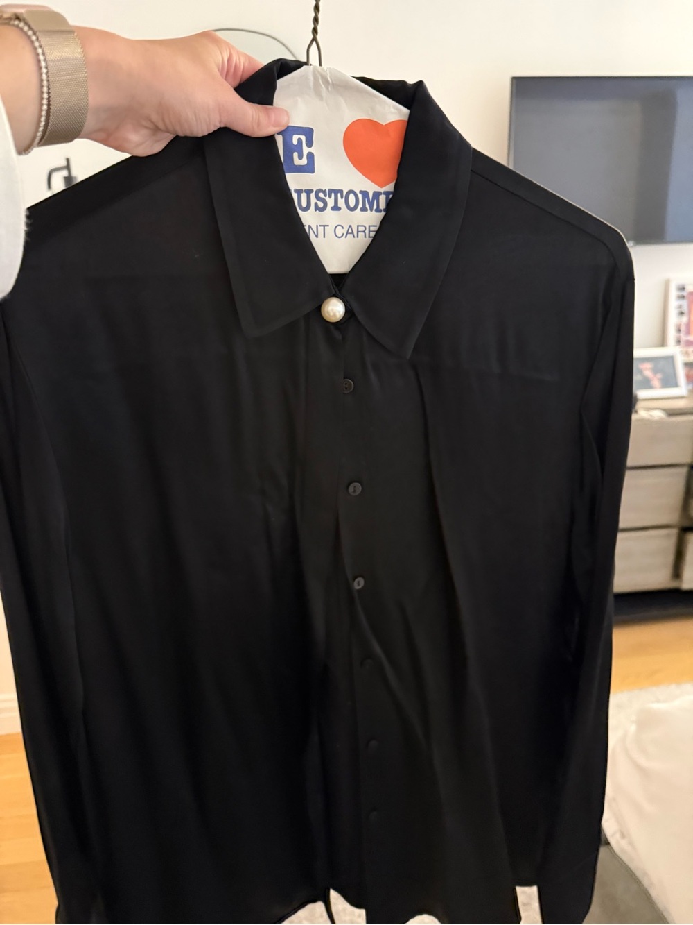Zara Black Long-Sleeve Button-Down Shirt with Pearl Collar Detail